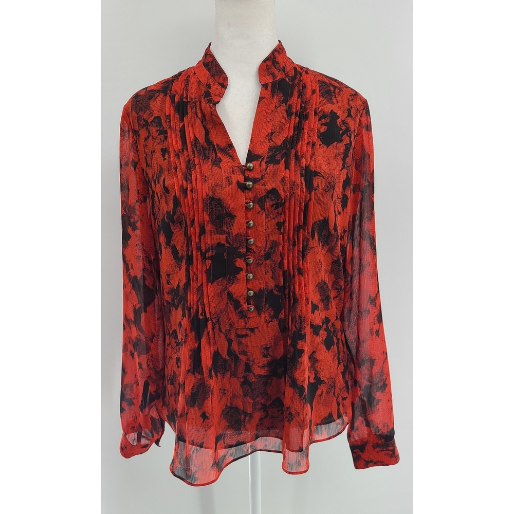 Coldwater‎ Creek Chiffon Sheer Holiday Blouse XS Lined Red Black Pintuck Party